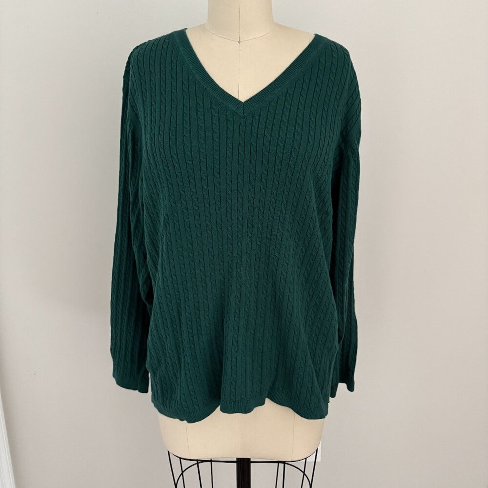 Tommy Hilfiger Women's Green Cable-Knit V-Neck Ivy Sweater Preppy Cabincore XL